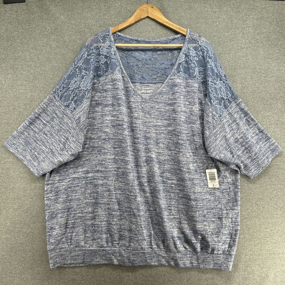 NWT Torrid Top Womens Plus 5X Blue Heathered Dolman Short Sleeve Floral Lace